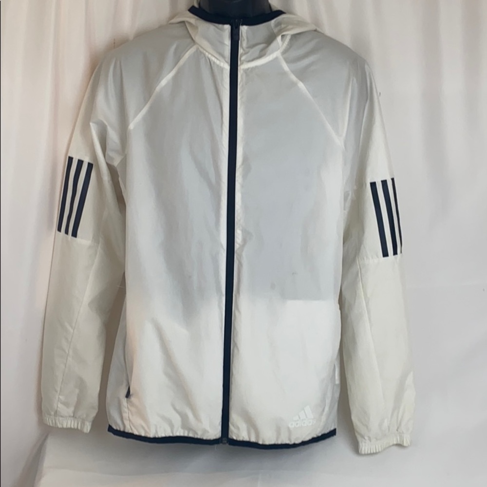 White/black hooded adidas light windbreaker